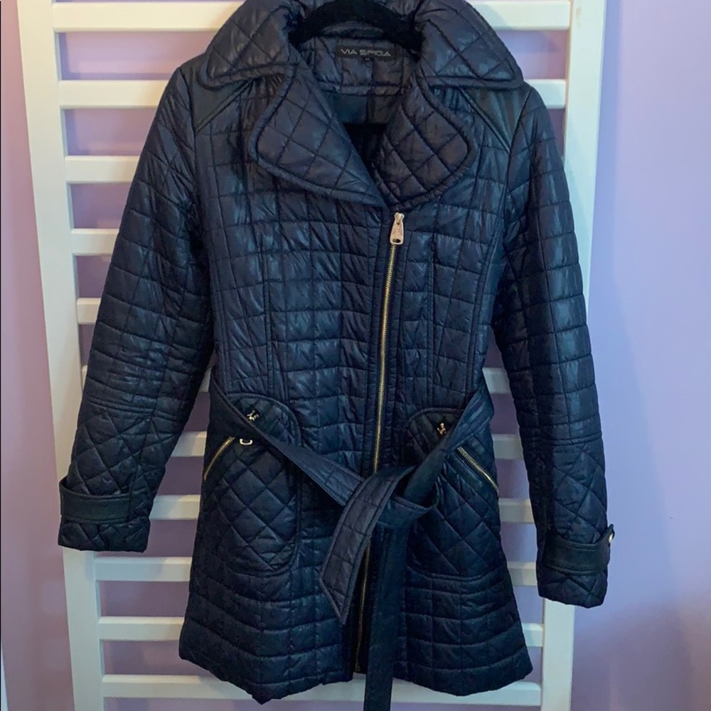 Via Spiga quilted navy blue belted coat size M